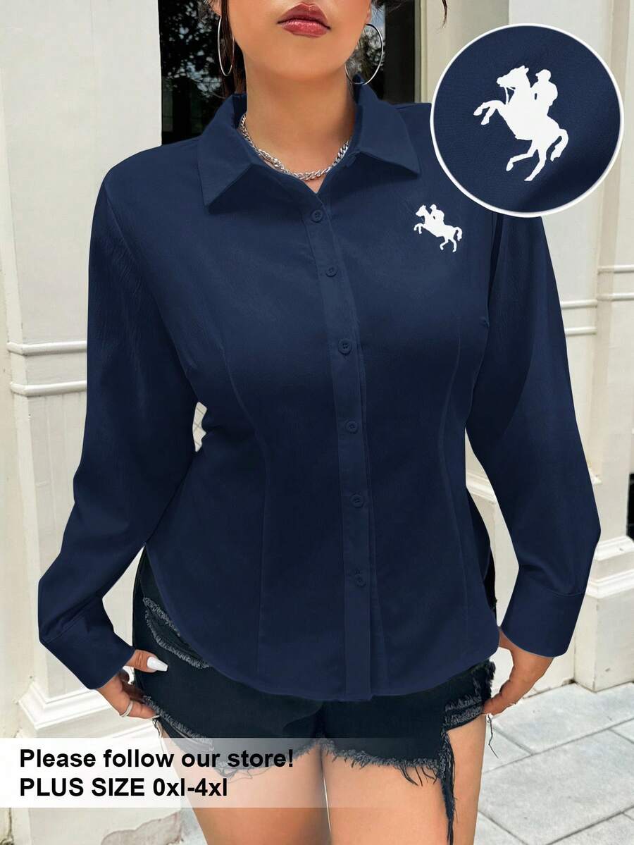 SHEIN EZwear 大码女式休闲骑士图案长袖衬衫，适合夏季、秋季和冬季 - 藍色 - 查看 1