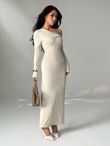 SHEIN PETITE 女士纯色不对称领口长袖连衣裙，优雅 - 杏色 - 查看 6