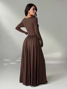 SHEIN PETITE 女式纯色修身长袖连衣裙，韩版风格 - 棕色 - 查看 2