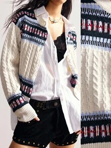 Bohemela 费尔岛针织复古纽扣宽松开衫 - 杏色 - 查看 1