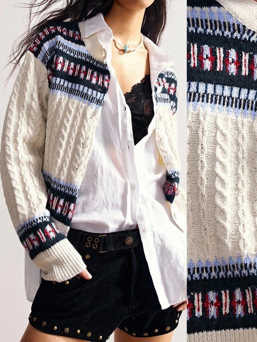 Bohemela 费尔岛针织复古纽扣宽松开衫 - 杏色 - 查看 1