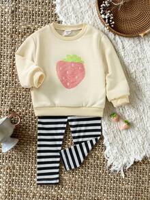 SHEIN 女婴幼儿/新生儿 0-3 岁春夏休闲可爱水果草莓印花圆领长袖运动衫 + 罗纹紧身打底裤套装 - 杏色 - 查看 1