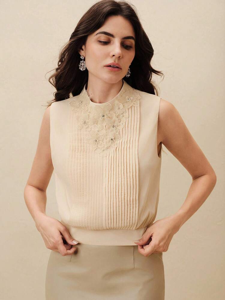 Elegant Apricot Floral Decor Pleated Collar Sleeveless Top For Women