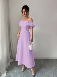 Elenzga Váy chữ A trễ vai họa tiết hoa phong cách Pháp thanh lịch mới, màu tím, thích hợp cho đám cưới, tiệc tùng, trở lại trường, trang phục giáo viên, Halloween, Lễ tạ ơn - Màu tím - Xem 6