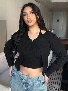 Dazy Plus Áo len cổ lọ bó sát, màu trơn, khoét lỗ, dáng rộng cỡ lớn dành cho nữ, màu đen, thu đông - màu đen - Xem 5