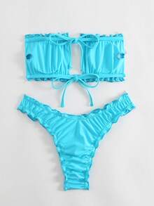 Swim Basics Summer Beach Frill Trim Bandeau Bikini Set - Blue - View 2