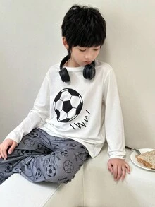 SHEIN 2pcs/Set Kids/Tween Boys Casual Soccer Graphic Round Neck Long Sleeve Top And Pants Loungewear Pajama Set Fall Winter - Grey - View 5