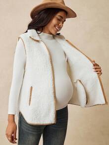 Boho Mama 孕妇休闲度假西式撞色拉链口袋无袖泰迪羊毛轻便保暖背心夹克，秋冬 - 白色 - 查看 4