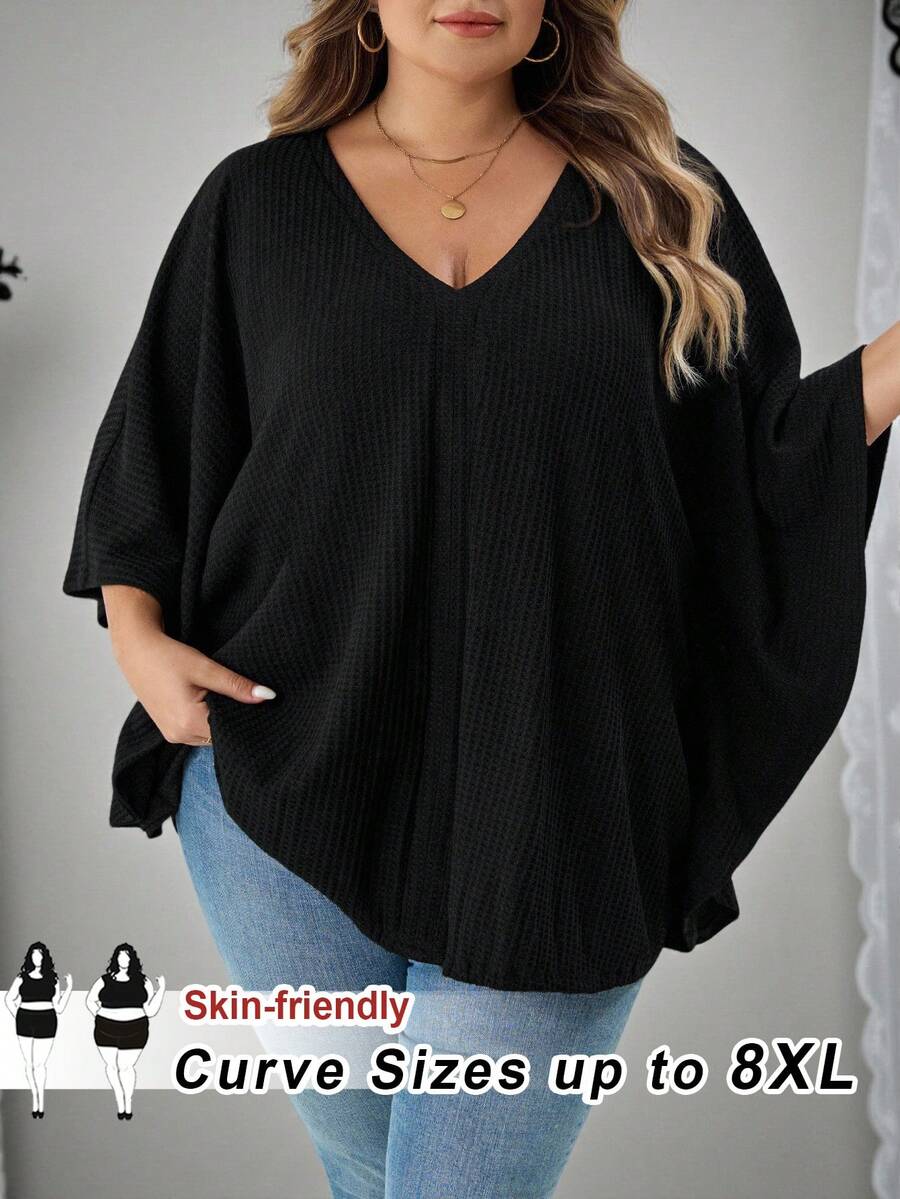 SHEIN CURVE+ بلوزة نسائية سوداء بأكمام خفيفة قصيرة مقاس كبير، مناسبة لمناسبات هالوين والخريف والشتاء - الأسود - مشاهدة 1