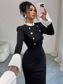 Elenzga Women's Elegant Ruffle Trim Contrast Color Button Knit Bodycon Long Dress, Office Wear Work Dress, Little Black Dress, Autumn Fall Cloth For Women, Christmas