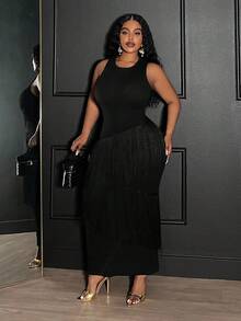 Veslaya Vestido maxi asimétrico de punto negro con parches, flecos y sin mangas para mujer talla grande, estilo vintage occidental, casual de negocios, elegante para oficina, calle, vacaciones, graduación o fiesta, colección otoño/invierno 2025