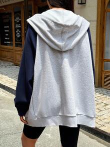 Women's Casual Raglan Sleeve Hooded Drawstring Zip-Up Sweatshirt Fall Cloth For Women - Grey - View 3