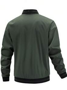 Manfinity Homme 男士立领棒球夹克军绿色休闲百搭风衣外套，秋冬男士飞行员夹克男士拉链夹克男士外套男士夹克休闲机能夹克 - 軍綠色 - 查看 2