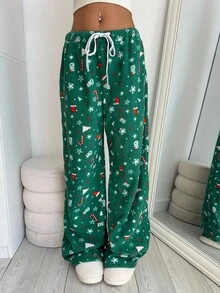 Aloruh Quần ống đứng rộng rãi thoải mái in họa tiết lông nhung mới cho nữ mùa Giáng sinh - màu xanh lá - Xem 6