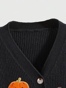 ROMWE Gothic Pumpkin & Witch Graphic Knitted Cardigan - Black - View 3