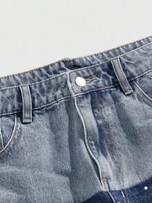 ROMWE MEN Street Life Men's Rhinestone Patchwork Contrast Color Denim Jeans - Blue - View 11
