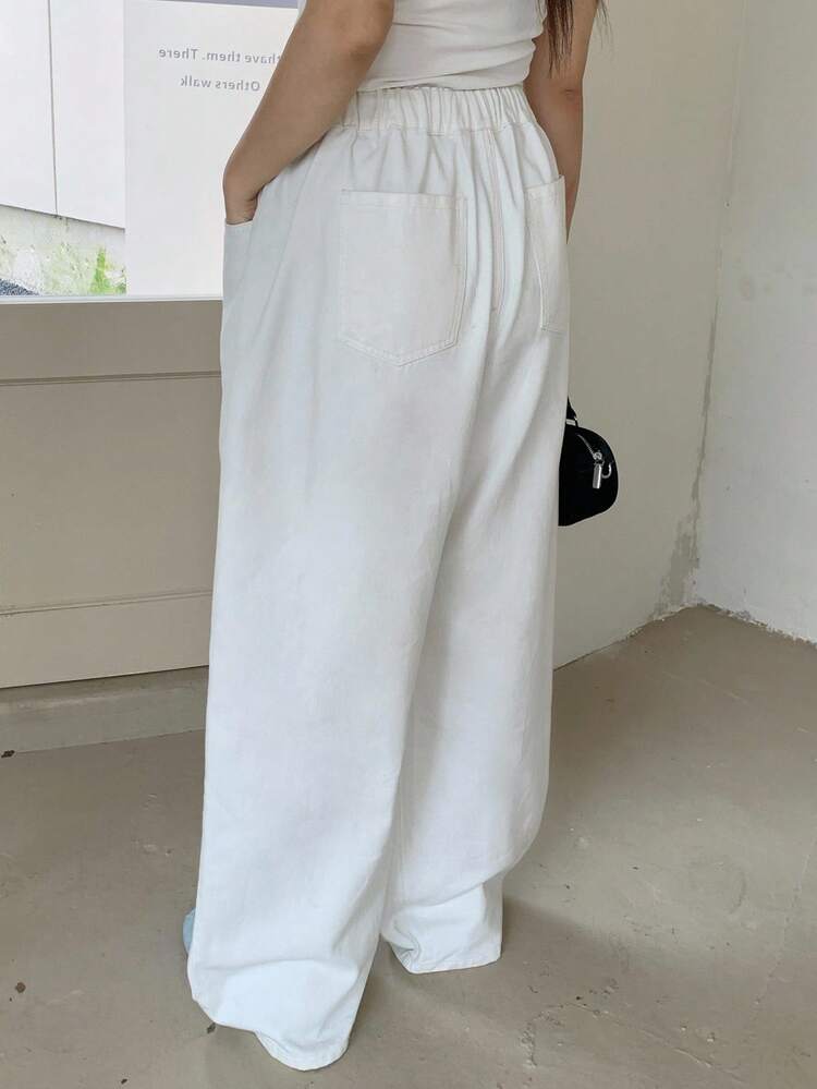 Dazy Plus Plus Size Women's Solid Color Elastic Waist Drawstring White Long Straight Leg Jeans, All Season