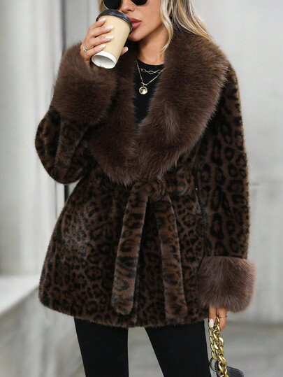 EMERY ROSE Chaqueta de moda de manga larga con cuello de solapa y estampado de leopardo de piel sintética para mujer