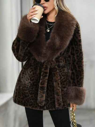 EMERY ROSE Women's Leopard Print Lapel Long Sleeve Faux Fur Fashion Jacket Women's Winter Clothes Women's Winter Coat Winter Coats For Women Women's Winter Jacket