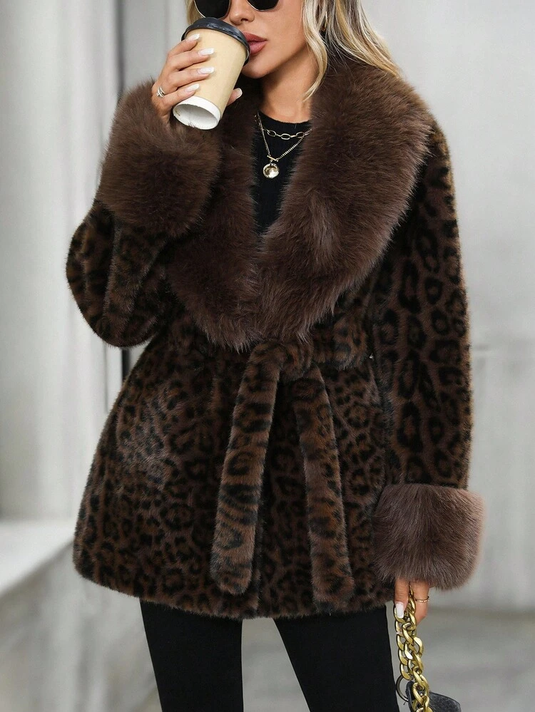 Women's Leopard Print Lapel Long Sleeve Faux Fur Fashion Jacket Women's Winter Clothes Women's Winter Coat Winter Coats For Women Women's Winter Jacket