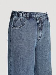 Teen Girl New Washed Denim Blue Asymmetrical Waist Design Loose Straight Leg Baggy Jeans, Fashionable Distressed Casual Pants, Versatile & Snug Fit, Suitable For Outdoor & Daily Wear