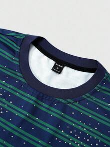 ROMWE MEN Street Life Men's Striped Rhinestone Embellished Short Sleeve T-Shirt - Multicolor - View 8