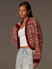 Athîral Women's Soft Plush Wine  Red Color-Block Striped Crochet Cardigan,  French Style, Vintage Style, Suitable For Commuting,Casual Everyday Wear,Autumn/Winter