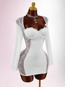 Amplova 女式甜心领撞色蕾丝长袖露背性感紧身迷你连衣裙 - 白色 - 查看 4