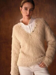 MOTF PREMIUM METAL DECOR FLUFFY KNIT PULLOVER SWEATER - Khaki - View 7
