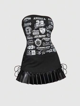 Street Life Vestido corto de mujer con estampado de insignia de "Sexy Babe", cintura baja, parches de PU y camiseta corta
