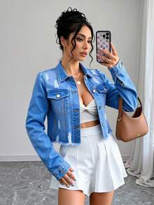 Elenzga Ripped Frayed Raw Hem Crop Denim Jacket - Medium Wash - View 1