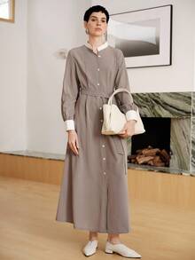 Uhlyne Color Block Splice Casual French Effortless Style Minimalist Long Dress, Loose Tie Waist High-End OL Commuter Shirt Style Long Sleeve Dress For Women - Khaki - View 4