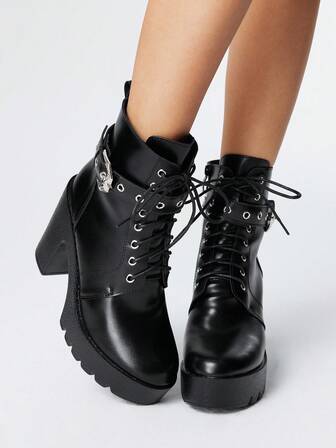 Grunge Punk Stivali da donna stile gotico con fibbie in metallo, punta tonda, tacco platform, stile punk, in pelle PU nera con tacco alto, adatti per feste, uso quotidiano, per aumentare l'altezza e allungare le gambe, Ognissanti