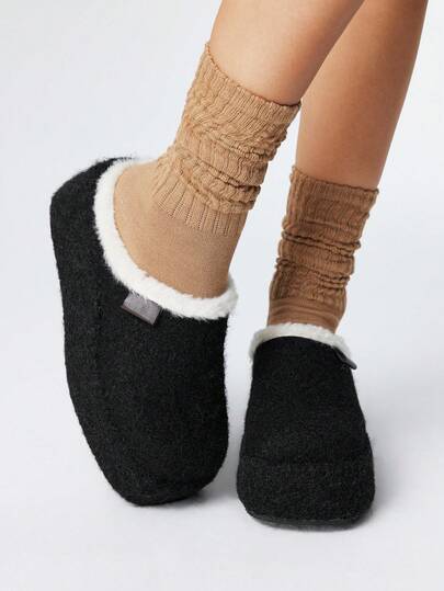 Kawaii Mocassini da donna neri slip-on, pantofole calde e morbide per uso esterno, scarpe da interno, stivaletti alla caviglia e stivali corti