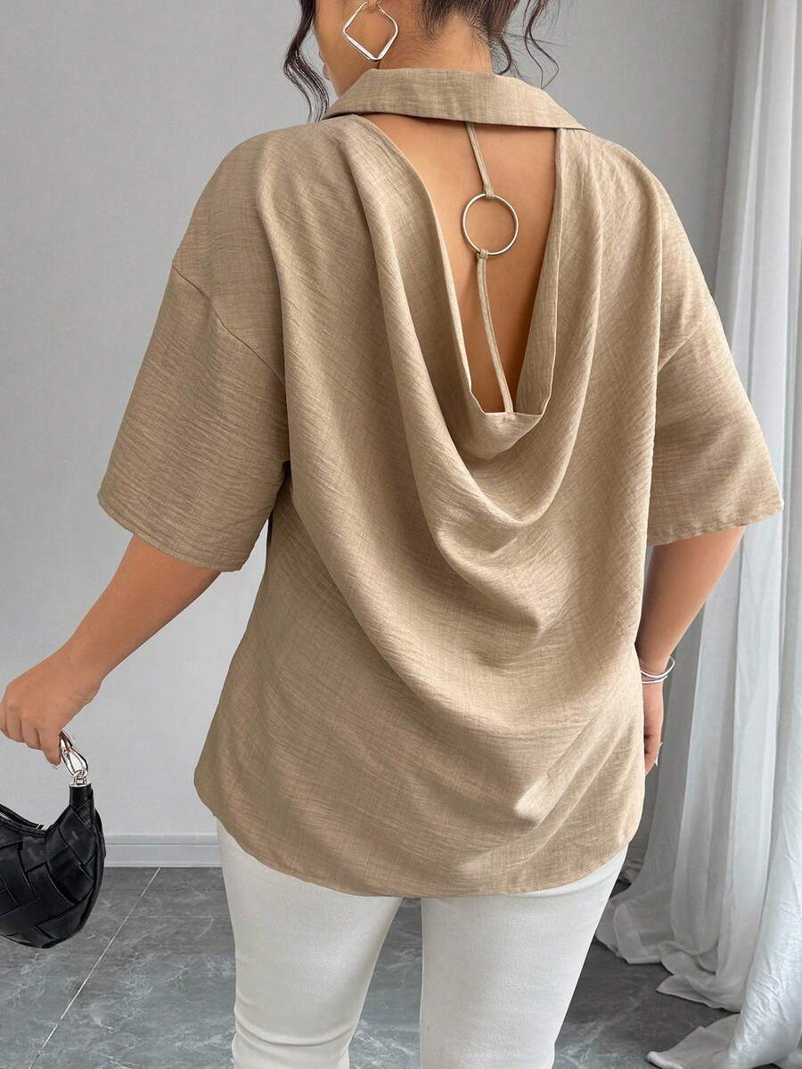 Elenzga Plus Size Women Solid Color Drop Shoulder Loose Fit Shirt With Back Slit Neckline Design - Khaki - View 1