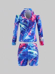 2pcs/Set Girls Colorful Print Off-Shoulder Long Sleeve Top And Tight Colorful Sports Shorts, Girls Clothing Set - Blue - View 3