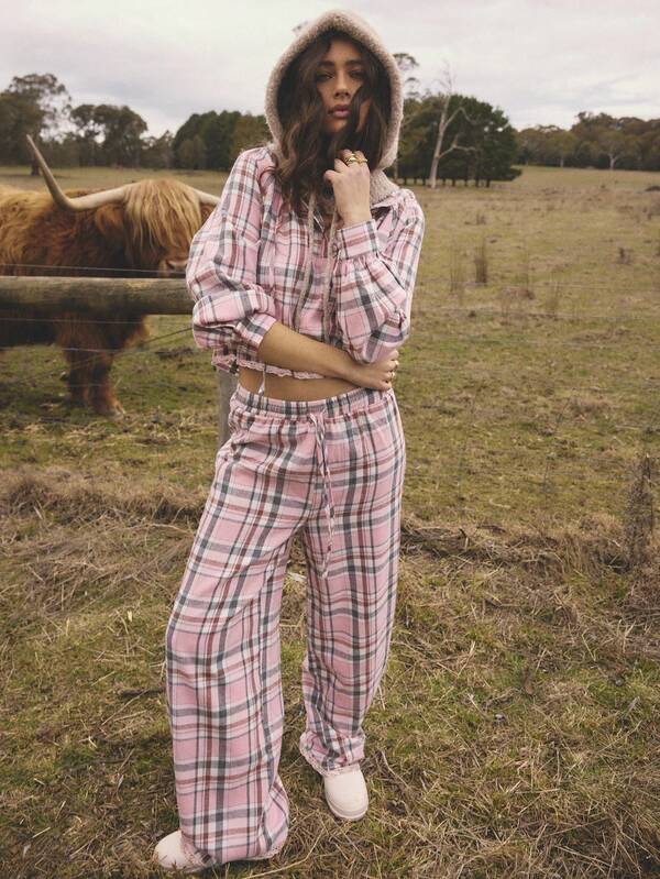 Aralina Sleepwear Fall Winter Cute Cosy Soft Brushed Flannel Check Button Placket Shirt & Wide Leg Pant With Ties Two Piece Sleep Set Clothes