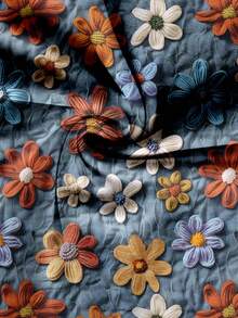 EMERY ROSE 大码女装日常休闲优雅复古度假风热带仿羊毛花卉图案圆领双层小飞袖宽松衬衫，女装夏装，女 - 藍色 - 查看 5