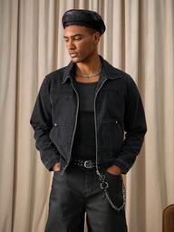 RivetRise Men Long Sleeve Casual Washed Black Short Denim Jacket, Spring/Summer Punk Boyfriend & Husband Regular Washed Black For Slim-Fit Urban Halloween All Saint's Day, Fall