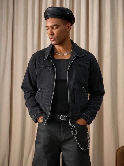 RivetRise Men Long Sleeve Casual Washed Black Short Denim Jacket,Winter Streetwear Rave Punk Style Slim-Fit Urban Outerwear For Halloween All Saint's Day,Fall