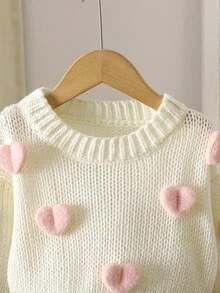 SHEIN Playful Pals 少女可爱3D心形白色毛衣圆领灯笼袖针织套头衫 - 米色 - 查看 7
