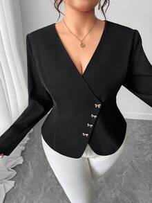 Elenzga Plus Size Women's Butterfly Decor Button Oblique Zipper Jacket Fall Winter Cloth For Women Autumn - Black - View 5