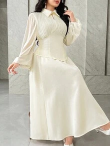 Modelyn 女士纯色褶皱灯笼袖衬衫和半裙优雅两件套 - 杏色 - 查看 4