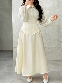 Modelyn 女士纯色褶皱灯笼袖衬衫和半裙优雅两件套 - 杏色 - 查看 1