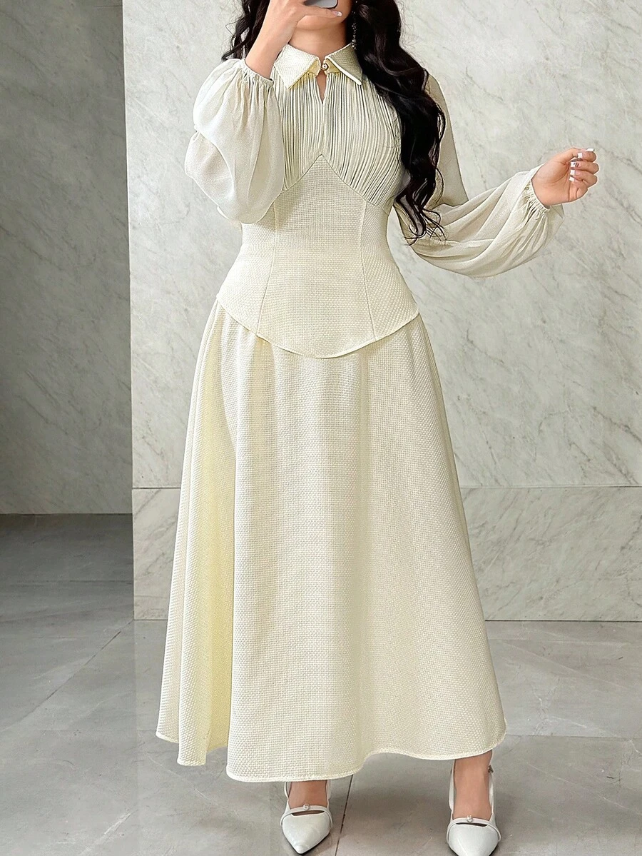 Modelyn 女士纯色褶皱灯笼袖衬衫和半裙优雅两件套 - 杏色 - 查看 1