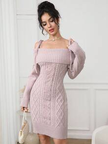 Modelyn Abito maglione elegante aderente a trecce con spalle scoperte, abbigliamento autunnale e invernale per donna - Rosa - Visualizzare 5