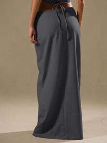 MUSERA Low Rise Column Fit Maxi Skirt 90's Elegant, Cute      Occasion  Party Spring Valentines Day - Grey - View 5