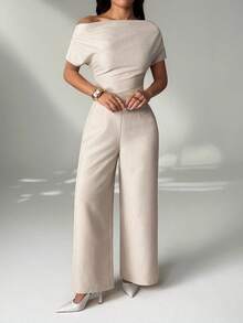 SHEIN PETITE Women's Summer New Arrival Simple Elegant Daily Casual Linen Commuter Wide Collar Off Shoulder Blouse And Wide Leg Pants Suit - Apricot - View 9