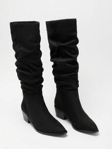 Solezae Giày bốt cao đến đầu gối, mũi nhọn, gót vuông quyến rũ dành cho nữ - màu đen - Xem 5