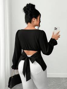 Elenzga 大码女式纯色泡泡袖蝴蝶结露背优雅休闲衬衫，夏秋季 - 黑色 - 查看 5